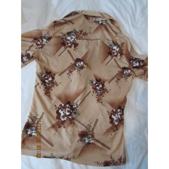 MEN'S VINTAGE BUTTON-DOWN SHIRT POCKET BROWN FLORAL NOVELTY PRINT SMALL HAWAIIAN - Picture 5 of 8